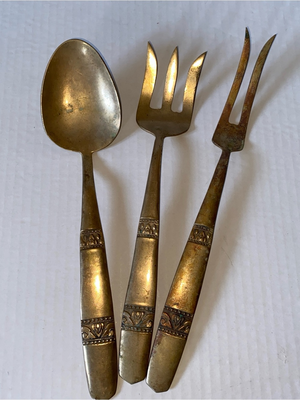 Set of 3 Vintage Bronze Serving Spoon & Fork + Carving Fork with embossed design